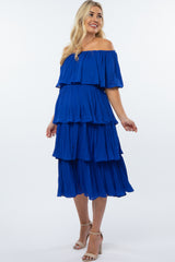 Royal Blue Pleated Tiered Off Shoulder Maternity Midi Dress
