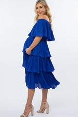 Royal Blue Pleated Tiered Off Shoulder Maternity Midi Dress