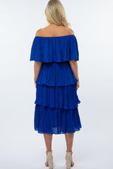Royal Blue Pleated Tiered Off Shoulder Maternity Midi Dress