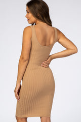 Beige Sleeveless Ribbed Fitted Maternity Dress