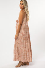 Rust Geometric Print Tie Front Maternity Maxi Dress
