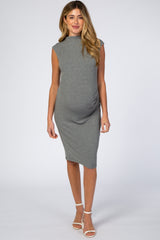 Grey Ribbed Mock Neck Fitted Maternity Dress