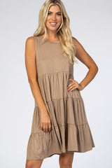 Taupe Soft Knit Pleated Tiered Sleeveless Dress