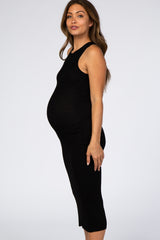 Black Ribbed Fitted Maternity Midi Dress
