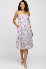 Light Blue Floral Print Shoulder Tie Maternity Midi Dress