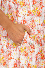 Ivory Floral Print Shoulder Tie Midi Dress