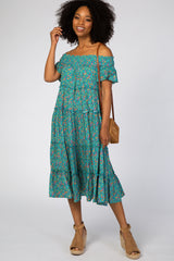Teal Floral Off Shoulder Maternity Midi Dress