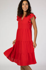 Red Tiered Ruffle Sleeve Midi Dress