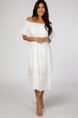 White Off Shoulder Tiered Maternity Midi Dress