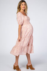 Pink Ditsy Floral Smocked Maternity Midi Dress