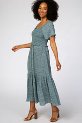 Teal Floral Smocked Front Ruffle Trim Midi Dress