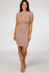 Taupe Ribbed Cutout Fitted Maternity Dress