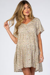 Taupe Floral Button Front Maternity Mini Dress