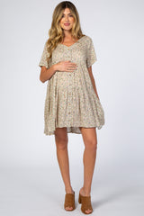 Taupe Floral Button Front Maternity Mini Dress