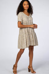 Taupe Floral Button Front Maternity Mini Dress