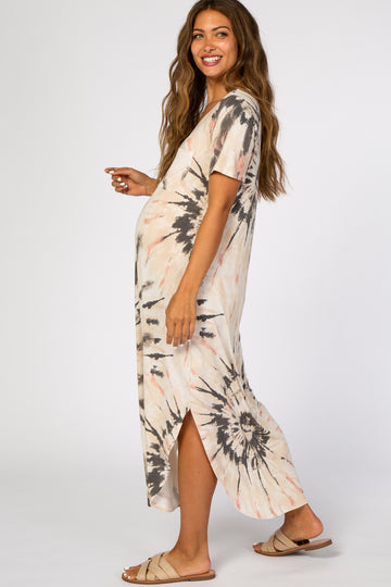 Cream Tie Dye Curved Hem Maternity Dress