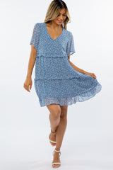 Blue Feather Print Tiered Dress