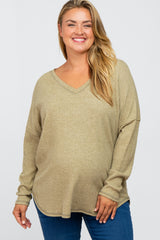 Olive Waffle Knit Long Sleeve Maternity Plus Top