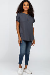 Dark Grey Ribbed Raw Seam Snap Button Top