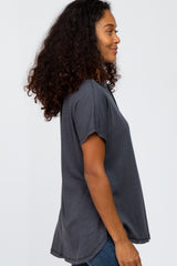 Dark Grey Ribbed Raw Seam Snap Button Top
