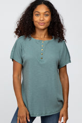 Teal Ribbed Raw Seam Snap Button Maternity Top