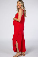 Red Sleeveless Side Slit Maternity Jumpsuit