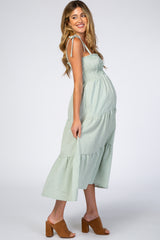Mint Checkered Tiered Maternity Midi Dress