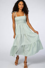 Mint Checkered Tiered Maternity Midi Dress