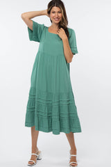 Green Tiered Pintuck Maternity Midi Dress