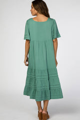 Green Tiered Pintuck Maternity Midi Dress