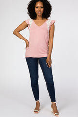 Pink Lace Inset Ruffle Accent Top