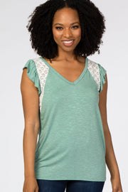 Light Olive Lace Inset Ruffle Accent Top