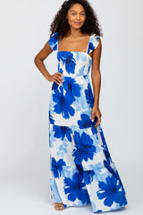 Blue Floral Smocked Tiered Maternity Maxi Dress