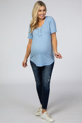 Light Blue Button Front Maternity T Shirt