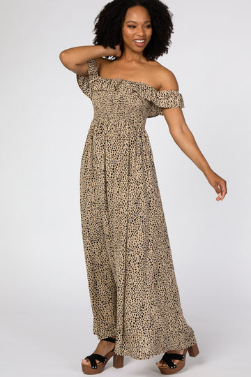 Taupe Animal Print Off Shoulder Smocked Maxi Dress