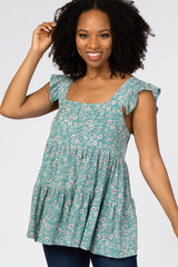 Teal Floral Square Neck Ruffle Sleeve Top