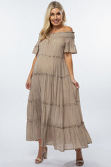 Taupe Off Shoulder Tiered Maternity Maxi Dress