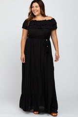 Black Off Shoulder Tassel Tie Maternity Plus Maxi Dress