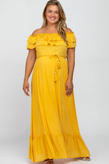 Yellow Off Shoulder Tassel Tie Maternity Plus Maxi Dress