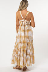 Yellow Plaid Tiered Maternity Maxi Dress