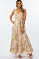 Yellow Plaid Tiered Maternity Maxi Dress