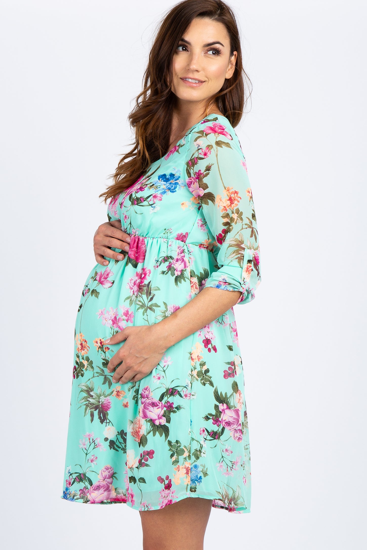 Petite Mint Floral Chiffon Maternity Dress