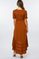 Rust Smocked Ruffle Hi-Lo Maternity Midi Dress