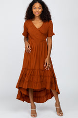 Rust Smocked Ruffle Hi-Lo Maternity Midi Dress