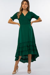 Forest Green Smocked Ruffle Hi-Lo Maternity Midi Dress