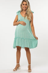Mint Green Triangle Print Shoulder Tie Ruffle Hem Maternity Dress