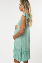 Mint Green Triangle Print Shoulder Tie Ruffle Hem Maternity Dress