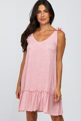 Pink Triangle Print Shoulder Tie Ruffle Hem Dress