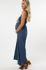 Blue Smocked Ruffle Strap Maternity Jumpsuit