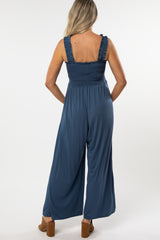 Blue Smocked Ruffle Strap Maternity Jumpsuit